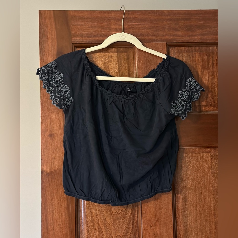 American Eagle Blue Blouse with Embroidered Sleeves